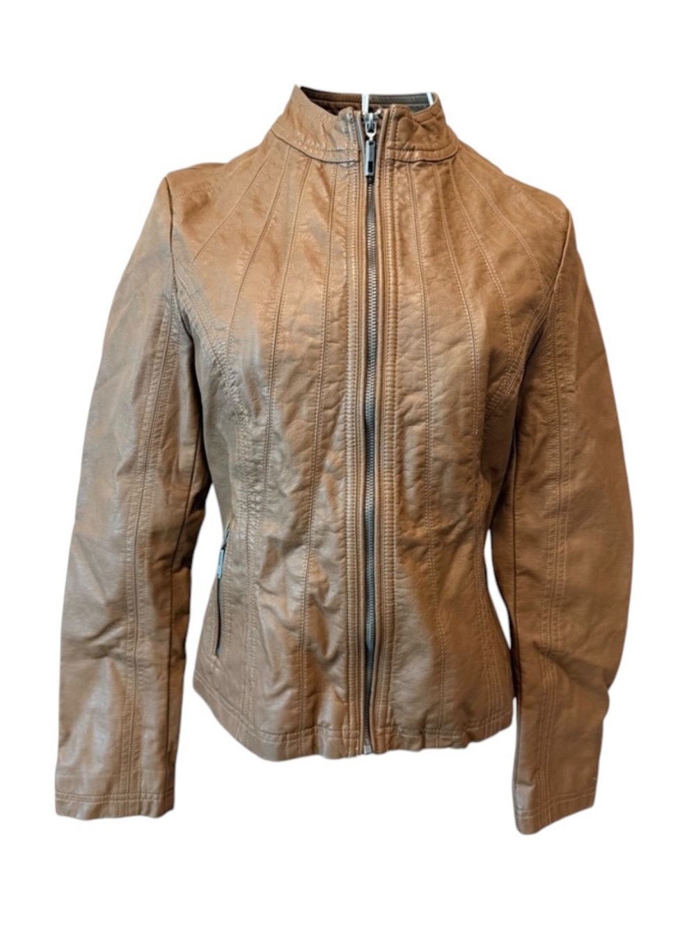 Lock & Love Camel Faux Leather Moto Jacket Stand Collar Zip XS